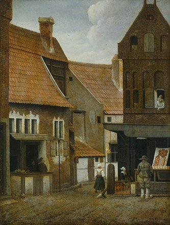 Jacobus Vrel, Scène de rue avec une boulangerie près d’un rempart. Huile sur bois. 50 x 38,5 cm. Hambourg, Hamburger Kunsthalle, inv. 228.