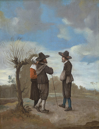 Jacobus Vrel, Paysage avec deux hommes et une femme conversant, avant 1656. Huile sur bois. 37 x 28 cm, Vienne, Kunsthistorisches Museum, inv. GG 580.
