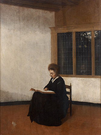 Jacobus Vrel, Vieille femme à sa lecture, un garçonnet derrière la vitre. Huile sur bois. – 54,5 x 40,7 cm, The Orsay Collection.
