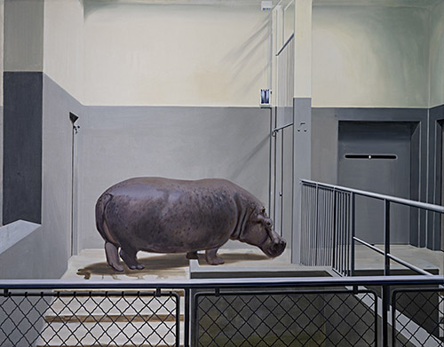 Gilles Aillaud, Intérieur et hippopotame, 1970. Huile sur toile, 195 x 250 cm. Collection particulière, Bruxelles. © Adagp, Paris, 2023. photo © Vincent Everarts.