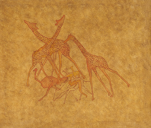 Girafes et autruche, expéd. Lhote, Ouan Abou, Algérie, 1957, 100 x 124 cm. © MNHN - J.-C. Domenech.