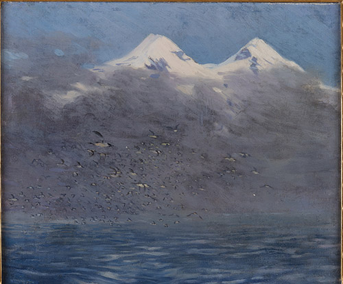 Georges Hugo, Le Beerenberg, île Jan Mayen, avec vol de goélands, Paysage d'Islande, 1902 Huile sur toile, Collection Jean-François Heim.