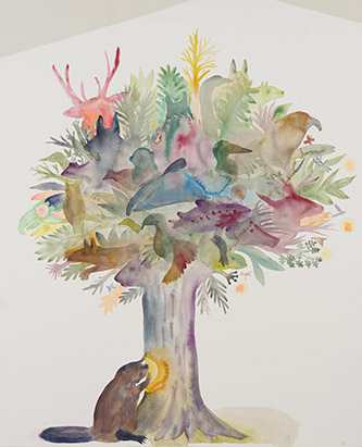 Suzanne Husky, Grandfather beaver and the tree of life, 2021, aquarelle sur papier © Courtesy Galerie Alain Gutharc.