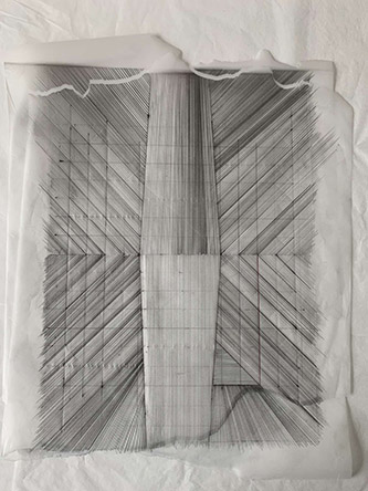 Myriam Mihindou, Pierre angulaire, 2023. Calque, graphite, soie. Courtesy de l’artiste et Galerie Maïa Muller, Paris. © Myriam Mihindou. © Galerie Maïa Muller.