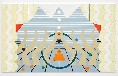 Farah Atassi, Mechanical Cabaret 4, 2023, huile et émail sur toile, 180 x 250 cm. Courtesy de l’artiste et Ghebaly. © ADAGP, Paris, 2023. Crédit photo : Paul Salveson.