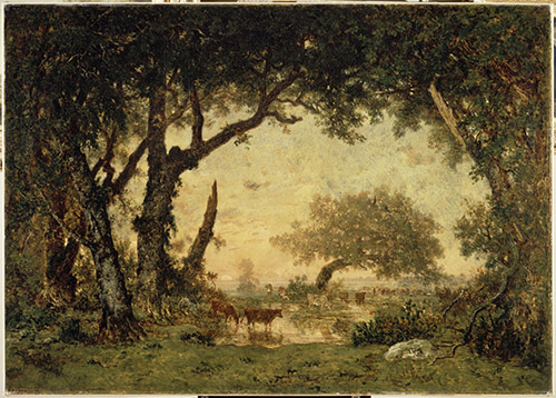 Théodore Rousseau, Sortie de forêt à Fontainebleau, soleil couchant, 1848-1850. Huile sur toile, 142×198 cm. Musée du Louvre, Paris, France. Photo © RMN-Grand Palais (musée du Louvre) / Gérard Blot.