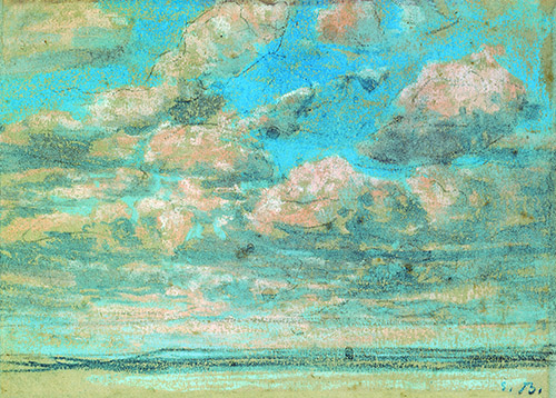Eugène Boudin (1824-1898), Ciel bleu, nuages blancs, Vers 1854-1859. Pastel sur papier bleu-gris, 16,2 x 21 cm. Honfleur, Musée Eugène Boudin, legs d’Eugène Boudin, 1899. 899.1.32. Photo : Musée Eugène Boudin, Henry Brauner.