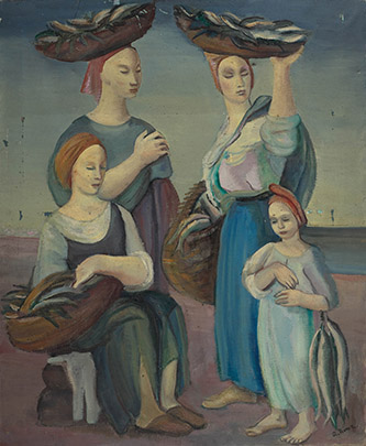 Amy Nimr, Women and children with fish (Femmes etenfants aux poissons), vers 1926. Huile sur toile, 73 x 60,4 cm. Collection particulière. © Photo Juan Cruz Ibáñez.