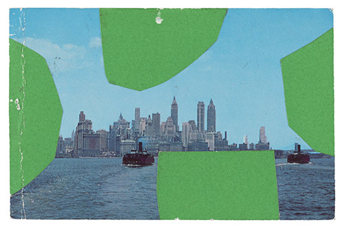 Ellsworth Kelly, Four Greens, Upper Manhattan Bay, 1957. Collage sur carte postale / Collage on postcard, 8,6 x 13 cm. Collection particulière / Private collection. © Ellsworth Kelly Foundation.