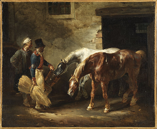 Théodore Géricault, Deux chevaux de poste à la porte d’une écurie, dit aussi Un Postillon faisant rafraîchir ses chevaux, 1822-1823, Paris, musée du Louvre. © GrandPalaisRmn (musée du Louvre) / Philippe Fuzeau.