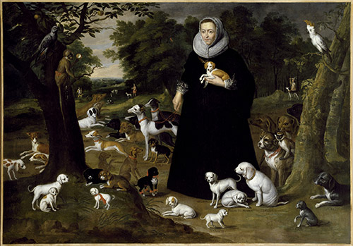 Anonyme, Portrait de femme dite « La dame aux chiens », 17e siècle. Huile sur toile, 170 x 205 cm. Musée du Louvre, en dépôt au Musée national du château de Fontainebleau. © 1993 GrandPalaisRmn (musée du Louvre) / Gérard Blot.