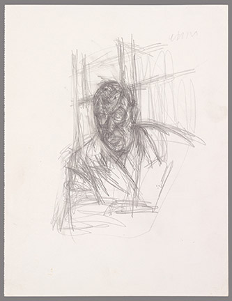 Alberto Giacometti, Jean-Paul Sartre accoudé, 1949. Crayon graphite et gomme sur page de carnet détachée - 29,3 x 22,5 cm. Fondation Giacometti. © Succession Alberto Giacometti / Adagp, Paris 2025.