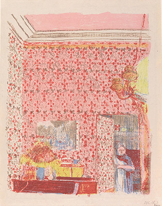 Édouard Vuillard, Paysages et intérieurs : Intérieur aux tentures roses I, 1899. Lithographie en couleurs. BnF, Estampes et photographie.