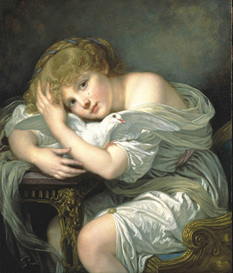 Jean-Baptiste Greuze, Jeune Fille à la colombe, vers 1780. Huile sur bois, 64,4 × 53,3 cm. Douai, musée de la Chartreuse. © Musée de la Chartreuse, Douai, France / Photo Daniel Lefevre.