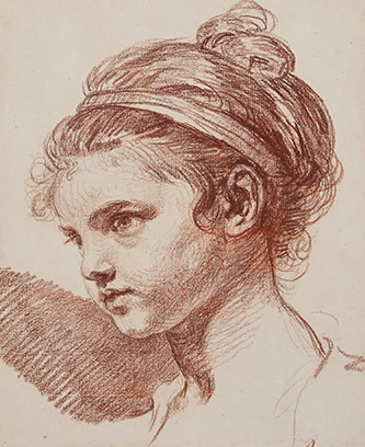 Jean-Baptiste Greuze, Tête de jeune fille, vers 1773. Sanguine, 31 × 25,5 cm. Londres, Collection particulière. © Collection particulière.