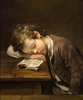 Jean-Baptiste Greuze, Un enfant qui s’est endormi sur son livre, dit Le Petit paresseux, 1755. Huile sur toile, 65 • 54,5 cm. Montpellier, musée Fabre. © Musée Fabre de Montpellier Méditerranée Métropole / Photo Frédéric Jaulmes.