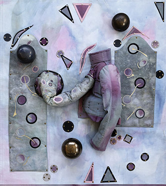 Mathilde Denize, Sound of Figure, 2025. Acrylique et aquarelle sur toile, céramiques émaillées, feutre, métal, 180 x 200 x 35 cm. Photo : Erwan Fichou. © Mathilde Denize / Adagp, Paris, 2025. Courtesy de l’artiste et de la galerie Perrotin.