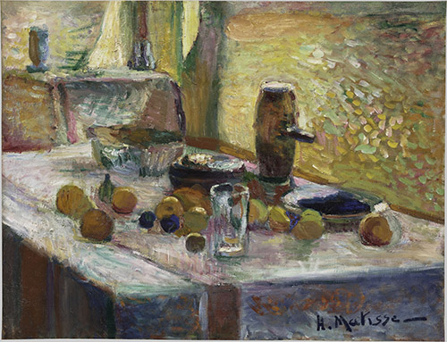 Henri Matisse (1869-1954), PremiĂšre nature morte orange, 1899. Huile sur toile, 56 x 73 cm. Paris, Centre Pompidou, musĂ©e national dâArt moderne / Centre de crĂ©ation industrielle, dĂ©posĂ© au musĂ©e dĂ©partemental Matisse, Le Cateau-CambrĂ©sis. Photo © Centre Pompidou, MNAM-CCI, dist. GrandPalaisRmn / Bertrand PrĂ©vost.