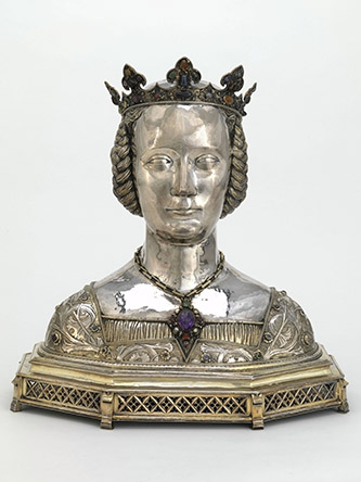 Chef-reliquaire dit d’Isabelle la Catholique. Aix-la-Chapelle (?), XIXe siècle. Argent partiellement doré, pierreries. Lennik, château de Gaasbeek 648. © Collection Château de Gaasbeek, artinflanders.be, photo Dominique Provost.