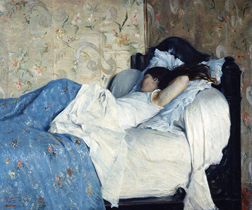 Federico Zandomeneghi (1841-1917), Jeune fille endormie dit aussi Intérieur avec figure féminine endormie [Fanciulla dormiente (interno con figura femminile che dorme) 1878. Huile sur toile, 60 x 74 cm. Florence, Gallerie degli Uffizi, Palazzo Pitti © Gabinetto Fotografico delle Gallerie degli Uffizi.