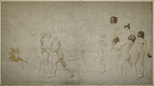 Jacques-Louis David, Le Serment du Jeu de Paume, 1791-1792. Ébauche à la craie, graphite et huile sur toile (fragment inachevé), H. 358 ; L. 648 cm. Paris, musée du Louvre, en dépôt à Versailles, musée national des châteaux de Versailles et de Trianon © GrandPalaisRmn (Château de Versailles) / Franck Raux.