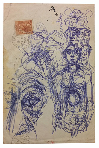 Alberto Giacometti, Esquisse de visage et têtes, c.1961. Stylo bille bleu sur enveloppe - 17,8 x 11,6 cm. Fondation Giacometti. © Succession Alberto Giacometti / Adagp, Paris 2025.