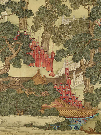 Peinture sur rouleau d'une céromonie impériale au temple de l'Agriculture de Pékin. "Shidian tu". Règne de Yongzheng (1723-1735), Encre et couleurs sur soie, métal émaillé, 64 x 10 x 10 cm, 1815 g. N° inventaire 71.1939.37.2.1. Repésente une cérémonie officielle d'offrande de l'empereur Qing Yongzheng au temple de dieu de l'agriculture (Xiannong) de Pékin, construit au XVème siècle sous les Ming. Les empereurs Ming et Qing s'y rendaient au moment de l'équinoxe de printemps pour y faire un sacrifice et pour procéder au rituel du premier sillon. © musée du quai Branly - Jacques Chirac, photo Pauline Guyon.