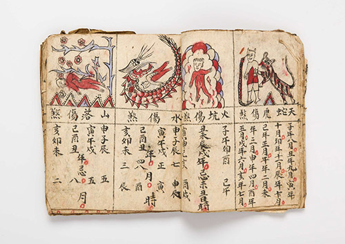 Manuscrit. Manuscrit de format carré, relié par une cordelette, en caractères chinois et illustré. Fin du 19e - début du 20e siècle. Encre et couleurs sur papier, 21,5 x 19,5 x 1 cm. N° inventaire 70.2006.2.8. © musée du quai Branly - Jacques Chirac, photo Sylvain Leurent.