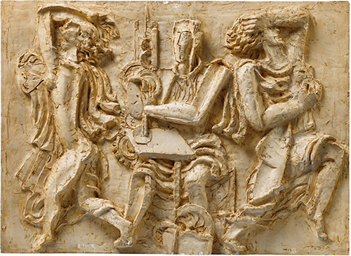 Ossip Zadkine (1888-1967), Les Arts et l’Industrie, maquette pour le décor de l’hôtel de ville de Poissy, Vers 1936-1937, bas-relief en plâtre patiné. Paris, musée Zadkine. © Adagp, Paris 2025. Photo : Paris musées /musée Zadkine.