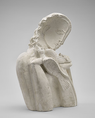 Ossip Zadkine (1888-1967), Jeune fille à l’oiseau, 1937, plâtre. Sèvres, musée national de la Céramique, Service des archives et des collections documentaires. © Adagp, Paris, 2025. Photo : Grand Palais RMN (Sèvres - Manufacture et musée nationaux) /Tony Guerrec.