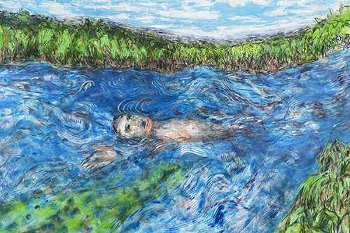 Isabel De Obaldia, Rivière (détail), 2025. Peinture sur papier (acrylique, pastel et fusain), 140 x 360 cm. Photo : Sebastián Icaza.