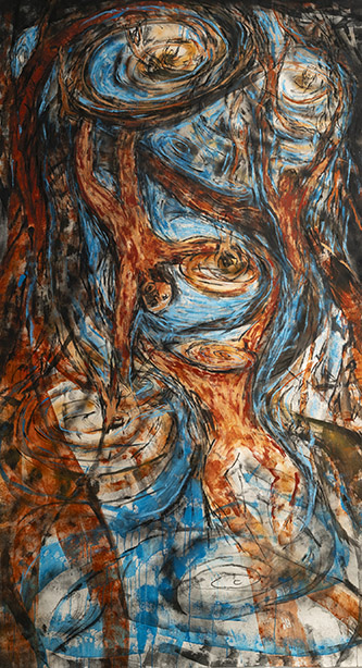 Isabel De Obaldia, Maelström, 2025. Peinture sur papier (acrylique, pastel et fusain), 260 x 140 cm. Photo : Sebastián Icaza.