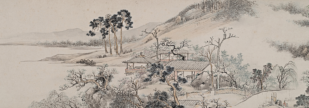 Fei Danxu 费丹旭 (1802-1850) Réminiscences du verger (Portrait de Zhang Tingji) (détail)  Orchard Reminiscences (Portrait of Zhang Tingji) 果园感旧图 . Dynastie Qing (1644-1912), 1833. Encre et couleurs sur papier. Musée Provincial du Zhejiang.