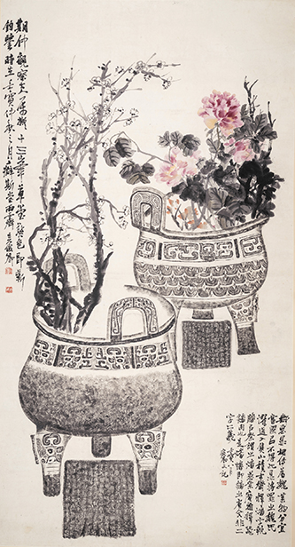 Wu Changshuo 吴昌硕 (1844-1927) « Image d’apogée de la prospérité » “Image of Peak Prosperity” 鼎盛图轴 Dynastie Qing (1644-1912), 1902. Encre et couleurs sur papier. Musée Provincial du Zhejiang.