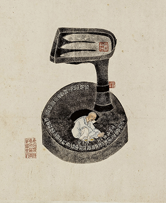 Liuzhou 六舟 (1791-1858), Chen Geng 陈庚 (actif au XIXème siècle) Liuzhou examinant une lampe en bronze de l’époque Han (détail) 六舟剔灯图横披 . Dynastie Qing (1644-1912), 1837. Encre et couleurs sur papier. Musée Provincial du Zhejiang.