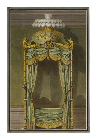 Projet de lit « à la polonaise » — Jean-Démosthène Dugourc (1749-1825), Paris, vers 1784-1790. Plume, encre noire, aquarelle sur papier. Inscription en bas à gauche : J.D. Dugourc, inv. Del (date grattée). Marque de collection en bas à droite : Lugt 103b [Richard Wallace]. © Les Arts Décoratifs / Christophe Dellière.