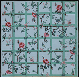 Papier peint à motif répétitif à raccord droit — Manufacture Jacquemart et Bénard Paris, 1794-1797. Papier rabouté, fond bleu brossé à la main, impression à la planche de bois en dix couleurs. © Les Arts Décoratifs / Christophe Dellière.