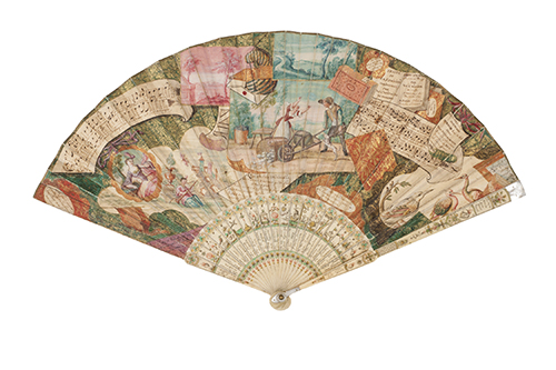 Éventail plié — Attribué à Mariaval le Jeune pour la monture. Attribué à Brallet pour la feuille France, vers 1735-1740. Ivoire, papier, gouache. © Les Arts Décoratifs / Christophe Dellière.
