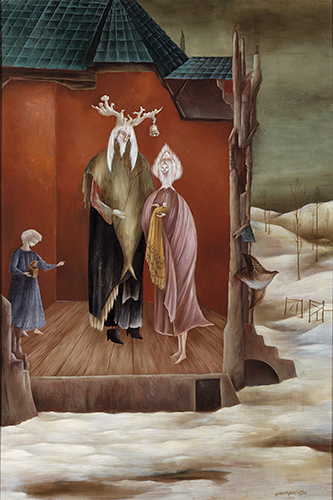 Leonora Carrington, Le Bon Roi Dagobert (Elk Horn), 1948. Huile sur toile, 90 x 60 cm. Collectión D.T.O.. © 2026 Estate of Leonora Carrington / ADAGP, Paris. © Collectión D.T.O.