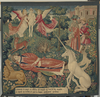 Tenture de saint Étienne Scène 8 : le corps de saint Étienne exposé aux animaux sauvages, Paris, vers 1500. Tissage par Guillaume de Rasse, avant 1503 ?. Tapisserie, laine et soie. Paris, musée de Cluny - musée national du Moyen Âge. Cl. 9932. © GrandPalaisRmn (musée de Cluny – musée national du Moyen Âge) / Michel Urtado.