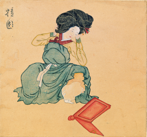 Attribué à Kim Hong-do (1745-1814 ?), Femme se coiffant, Époque Joseon (1392-1910), seconde moitié du 18e siècle, Séoul, musée d’art de l’Université nationale.