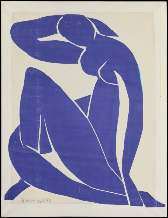 Henri Matisse, Nu bleu II, 1952. Papiers gouachés, découpés et collés sur papier marouflé sur toile, 103,8 x 86 cm Centre Pompidou, Paris. Photo © Centre Pompidou, MNAM-CCI/Service de la documentation photographique du MNAM/Dist. GrandPalaisRmn.