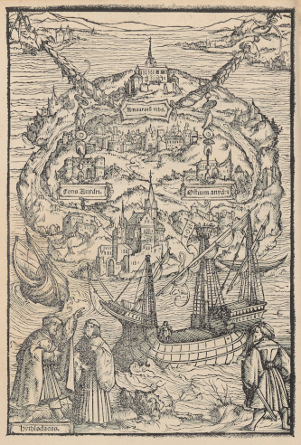 Thomas More, Carte de l’île d’Utopie, gravure d’Ambrosius Holbein, dans L’Utopie, 1518. BnF, bibliothèque de l’Arsenal.