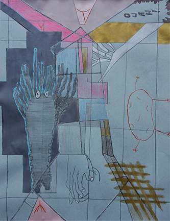 Maria Corvocane, Le fantôme de Paul T., 2018. Dessin sur papier, techniques mixtes, 64,6 x 49,5 cm. Collection Frac Île-de-France. © Maria Corvocane.