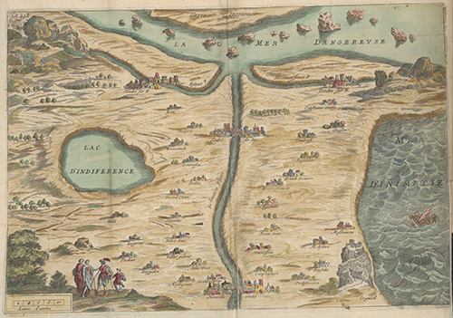 Madeleine de Scudéry, Clélie, histoire romaine. Dédiée à Mademoiselle de Longueville. Tome I, 1666. Livre imprimé, gravure de la Carte de Tendre par François Chauveau. Paris, Bibliothèque interuniversitaire de la Sorbonne. © Bibliothèque interuniversitaire de la Sorbonne.