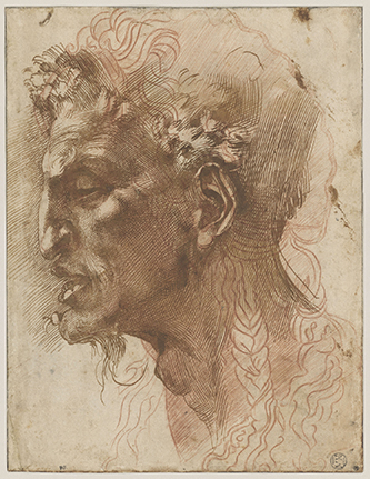 Michelangelo Buonarroti, dit Michel-Ange, Tête d’un faune, de profil vers la gauche, Vers 1523-1524 ? Plumes et encre brune, sur un dessin antérieure à la sanguine. Paris, musée du Louvre, département des Arts graphiques. © GrandPalaisRmn (musée du Louvre) Michel Urtado.