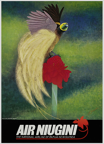 Yamada MASAMI (né en 1938, Tokyo), Affiche publicitaire Air Niugini (compagnie aérienne créée en 1973), 1976. Affiche imprimée en couleurs sur papier d’après une peinture originale nihonga. Collection particulière, Paris. © musée du quai Branly - Jacques Chirac, photo Pauline Guyon. © Air Niugini. 