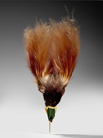 Ornement de plumes Kelarga, fin du 20e siècle. N° inventaire 72.1993.1.60. Ornement de tête ou fixé sur une coiffe. Paradisier séché monté sur une baguette de bois, 44 x 25 x 1 cm, 32 g. Océanie, Papouasie-Nouvelle-Guinée, Highlands Mélanésie. © musée du quai Branly - Jacques Chirac, photo Pauline Guyon.
