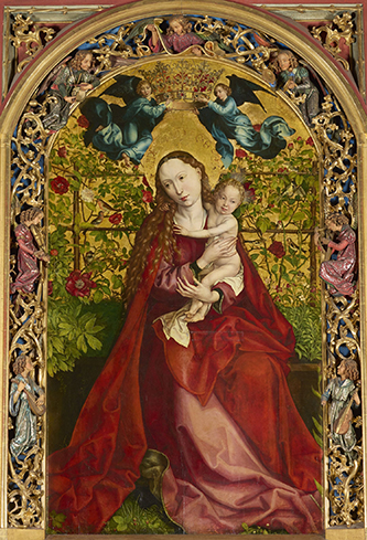 https://francefineart.com_Martin Schongauer, La Vierge au buisson des roses, 1473. Daté 1473 au revers. Huile et tempera sur bois de résineux, H. 200,2; L. 114,4; Ép. 2,9 cm. Colmar, église des Dominicains © Région Grand Est – Inventaire général / Bastien Garnier, avec l’aimable autorisation du Conseil de Fabrique de la Collégiale Saint-Martin à Colmar.