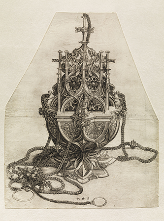 https://francefineart.com_Martin Schongauer, L’Encensoir. Vers 1470-1475. Gravure au burin, angles supérieurs abattus. H. 26; L. 20,6 cm (en bas). Paris, musée du Louvre, département des Arts graphiques, collection Edmond de Rothschild. © GrandPalaisRmn (musée du Louvre) / Philippe Fuzeau
